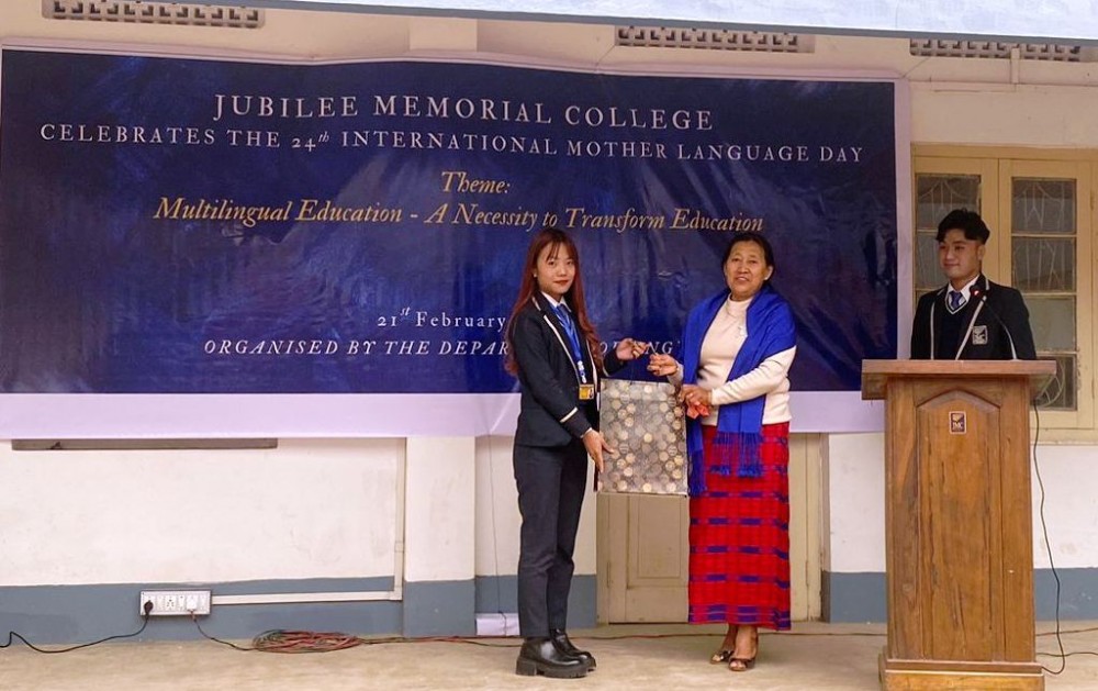 Arenla Longkumer, President, Watsu Mungdang, addressing the students of Jubilee Memorial College on February 21.